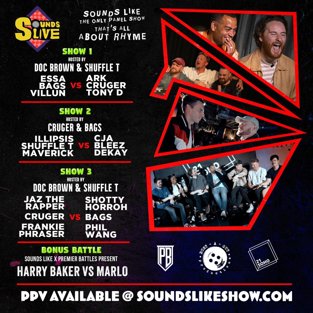 SoundsLikeShow's tweet image. Hello everybody &amp;amp; welcome to Sounds Like, each one of our latest episodes are now LIVE!

If you missed our live shows on Sunday, DON’T worry. You can partake in the experience virtually with the PPV of each episode &amp;amp; Harry Baker vs Marlo for only £19.99!

soundslikeshow.com/online-store/S…