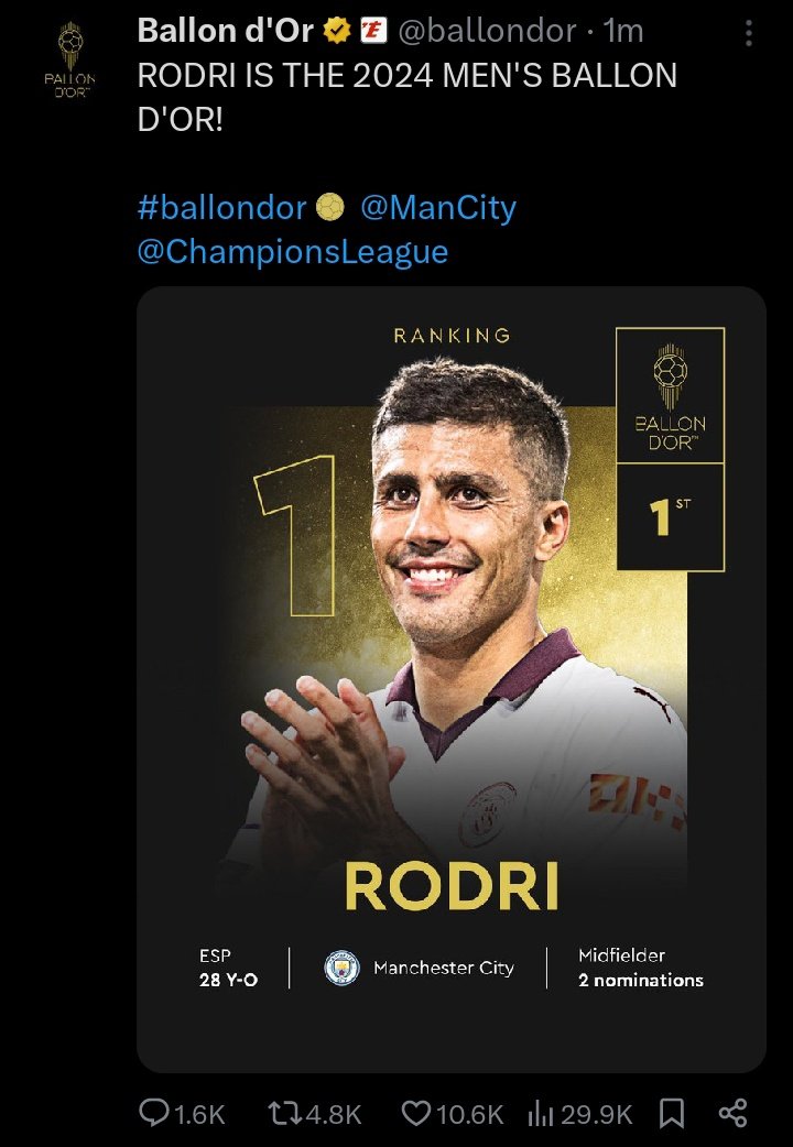 JoshuaMukuka15's tweet photo. Finally Rodri wins it!!!!!!!!! 
#BallonDor 2024 Men's Winner https://t.co/FFgHXkw4zc