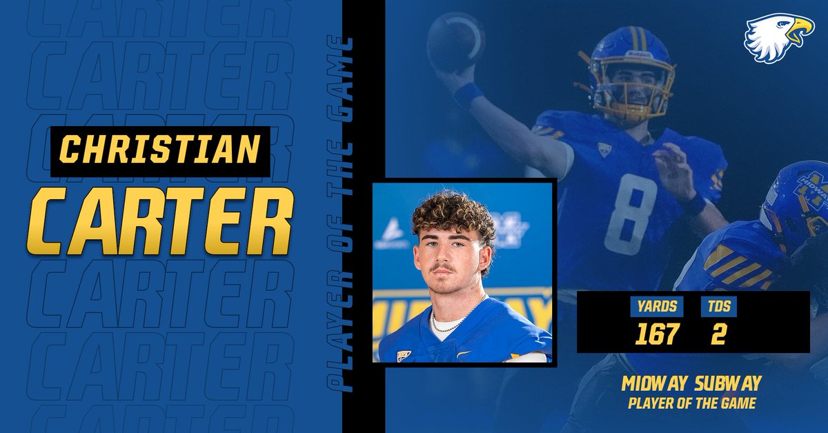 Congratulations to Christian Carter, your Midway Subway Sprint Football Player of the Game for week 7! Carter ran for 111 yards and accounted for two touchdowns to help the Eagles clinch a spot in the MSFL playoffs with a win 25-12 over Walsh.