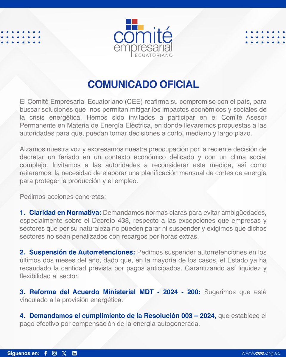 Todos los gremios que conformamos el <a href="/CeEcuatoriano/">Comité Empresarial Ecuatoriano</a> solicitamos al Gobierno Nacional las siguientes acciones concretas.