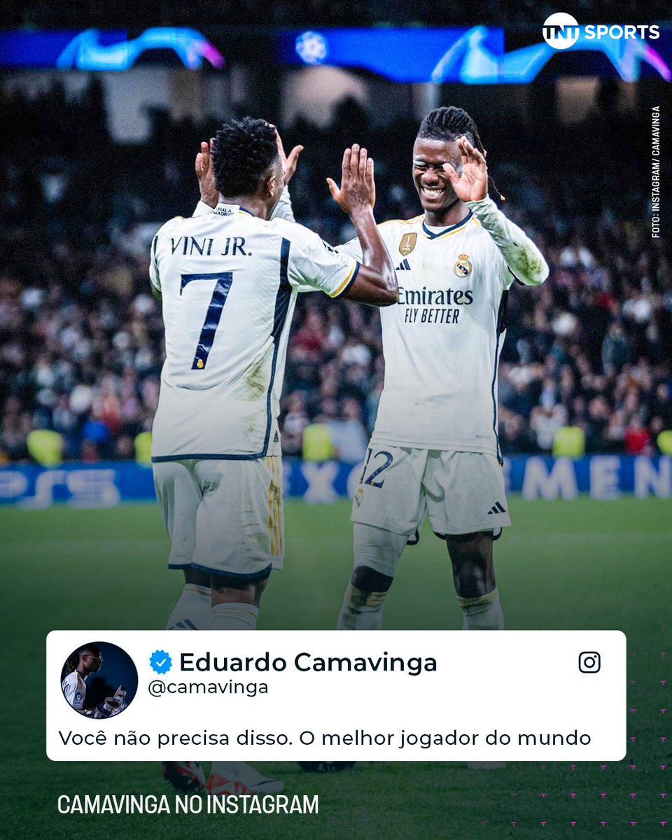 TNTSportsBR's tweet photo. O melhor do mundo e nada mais! ✊🏿🇧🇷🏆 Camavinga saiu em apoio à Vini Jr. após resultado da #BolaDeOuroNaTNTSports. https://t.co/OwA3RROiqa