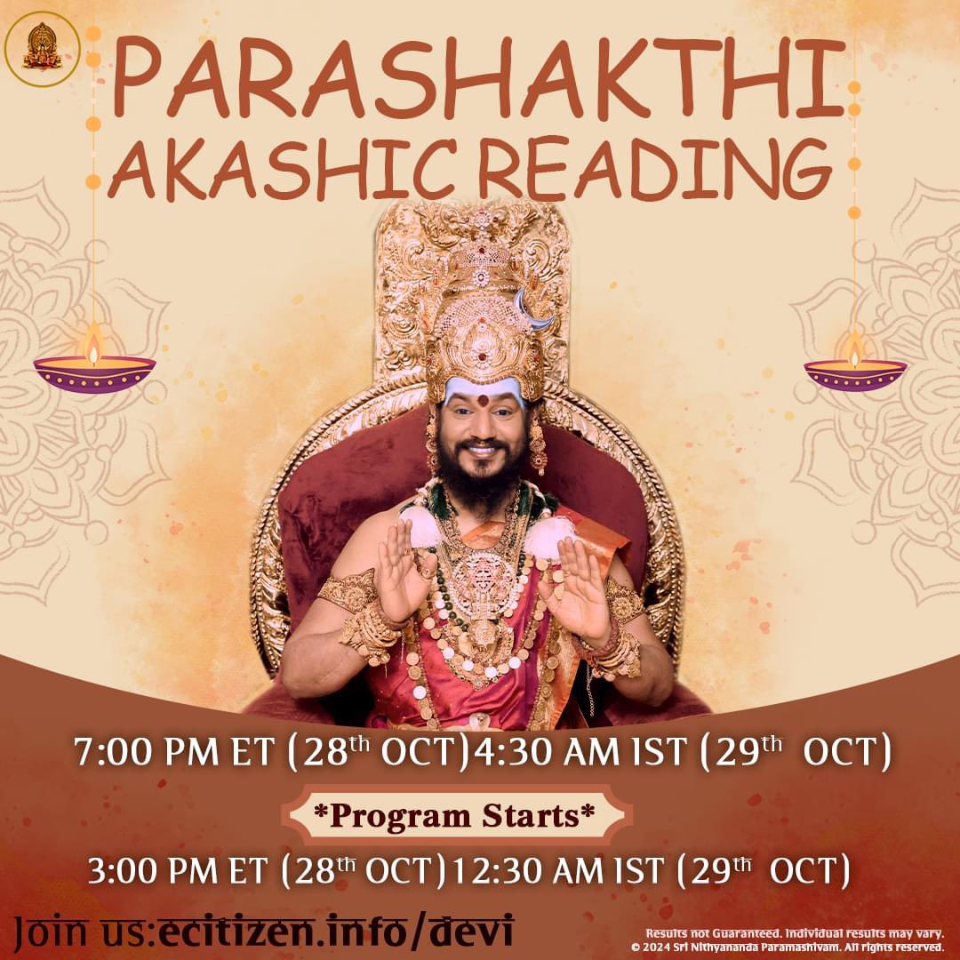 kailasasandiego's tweet photo. Experience the sacred Devi Akashic Reading Darshan, guided by THE SPH. Join us to receive divine blessings from Devi Parashakthi.

Join Devi Darshan today at 4 PM PST @Srinithyananda

#Devi #AkashicReading #Darshan #Nithyananda https://t.co/NEXpCMvJQq