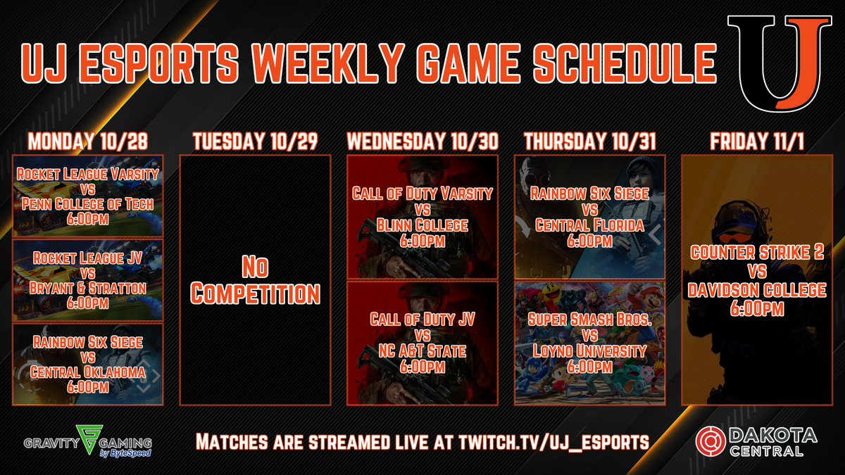 Here's your weekly schedule of games! All matches are streamed live on twitch.tv/uj_esports

Let's have a great week!
