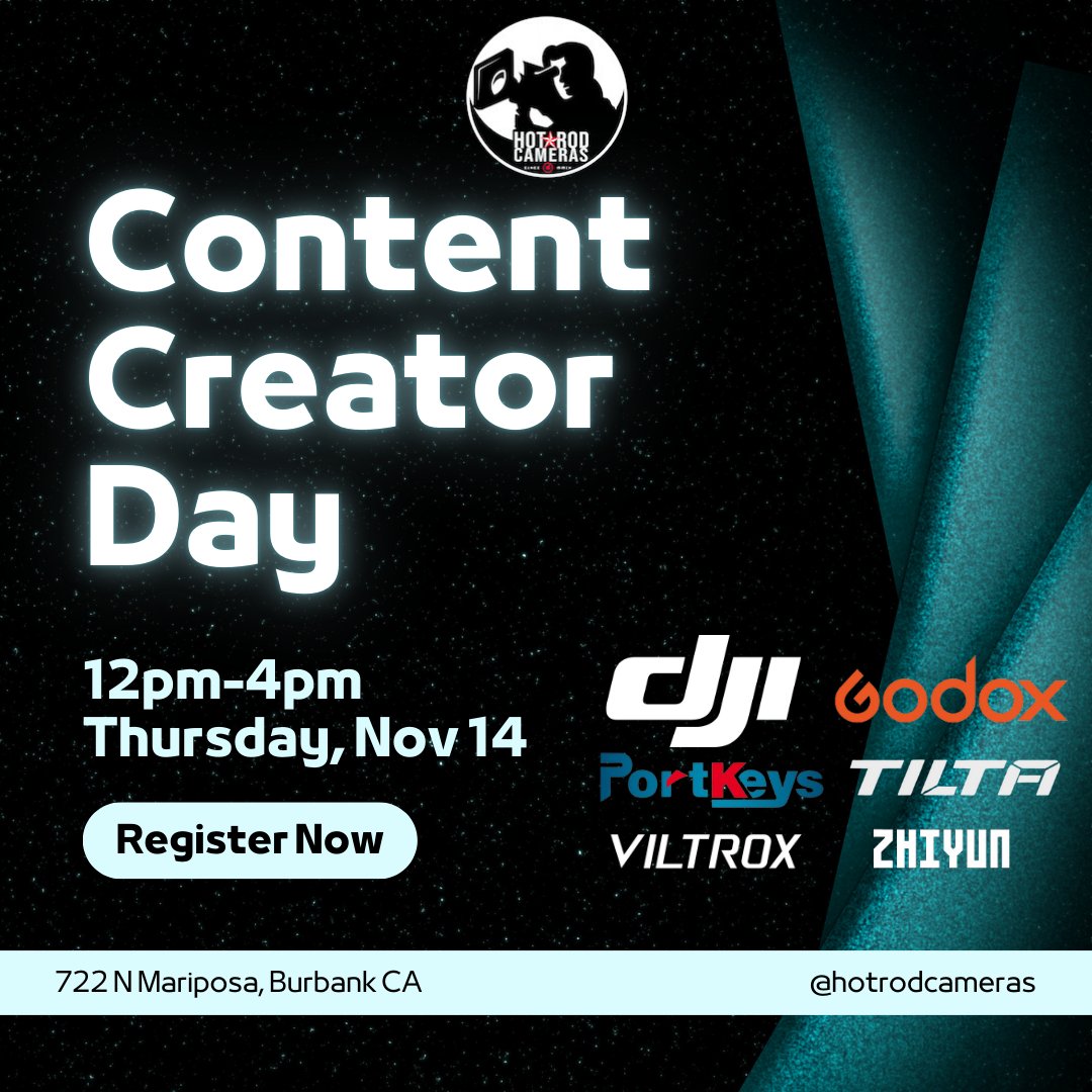 Content Creators and Filmmakers of all experience levels are welcome to Hot Rod Camera’s Content Creators day Thursday Nov 14th featuring the latest gear from @djiglobal <a href="/godoxlighting/">Godoxlighting</a> <a href="/portkeys/">Putra</a>.global <a href="/tiltamax/">tilta</a> <a href="/viltrox/">victor opazo</a>.official @zhiyun_usa RSVP: tinyurl.com/hotrodcreator