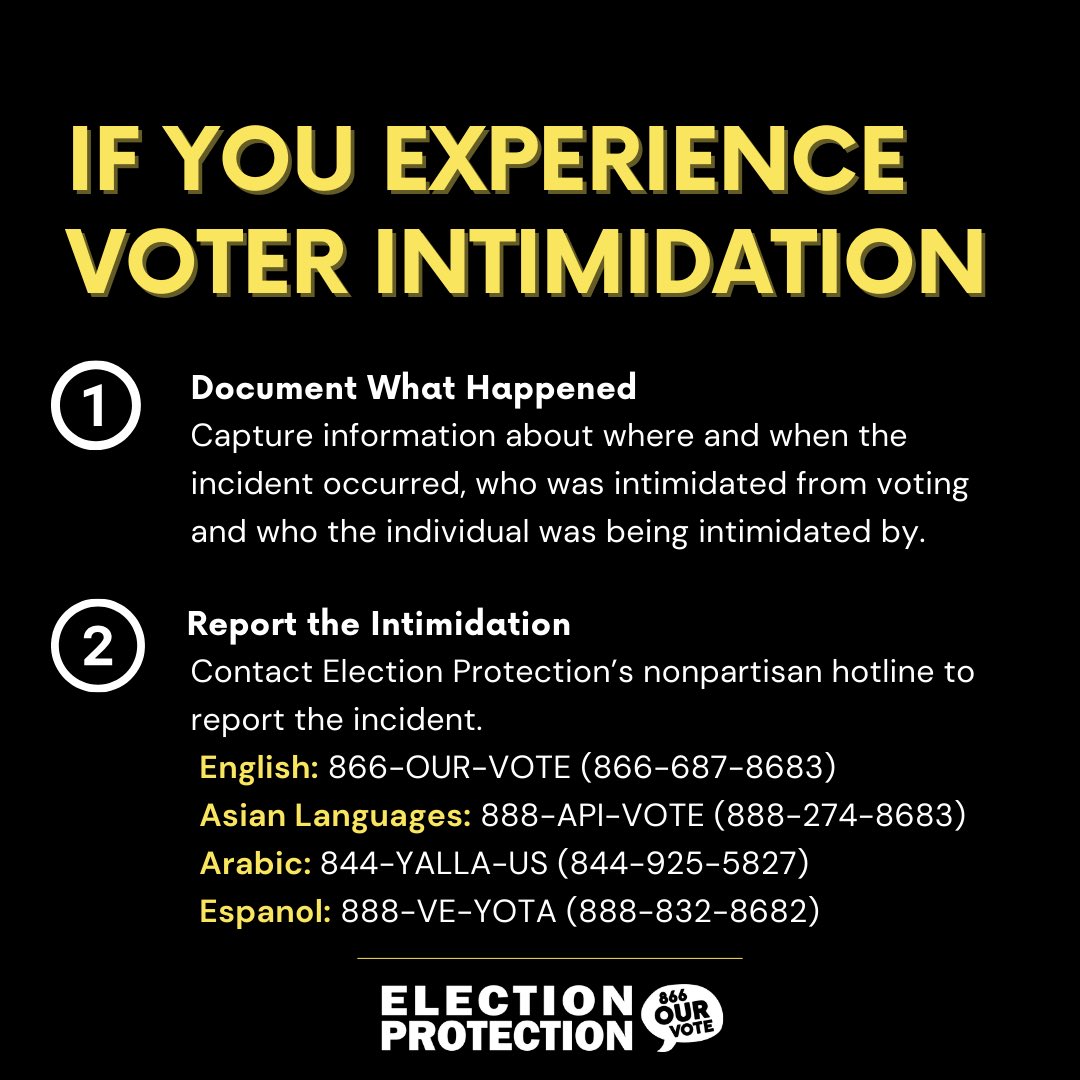 Voter Intimidation is ILLEGAL. Know your rights this election season so that you can be #VoteReady. Run into any problems? Election Protection is here to help.