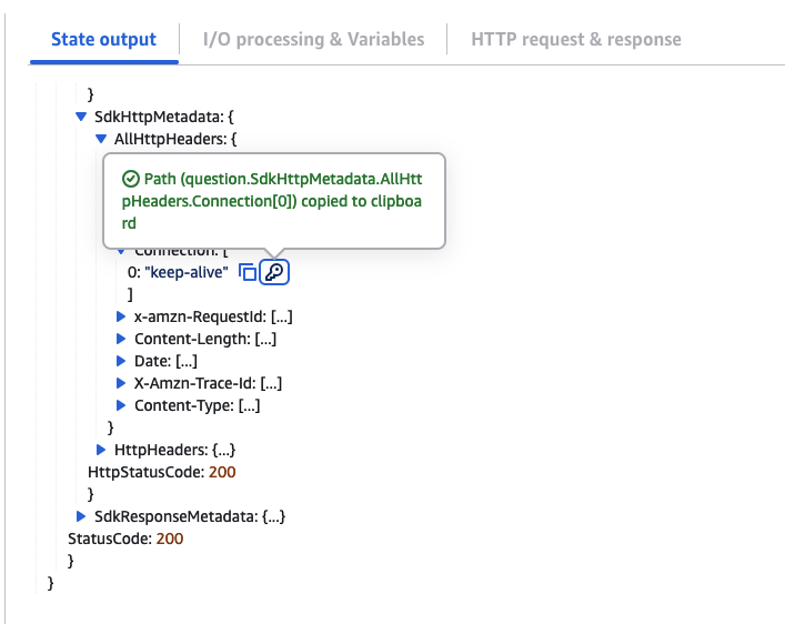 justincallison's tweet image. Test State for #stepfunctions is enormously helpful. I shared with the team how I wished I could not only copy the value from a node in a response but also the path (so I can use that in my next state). And now I can! I love the team&apos;s focus on reducing pain points! cc: @edjgeek