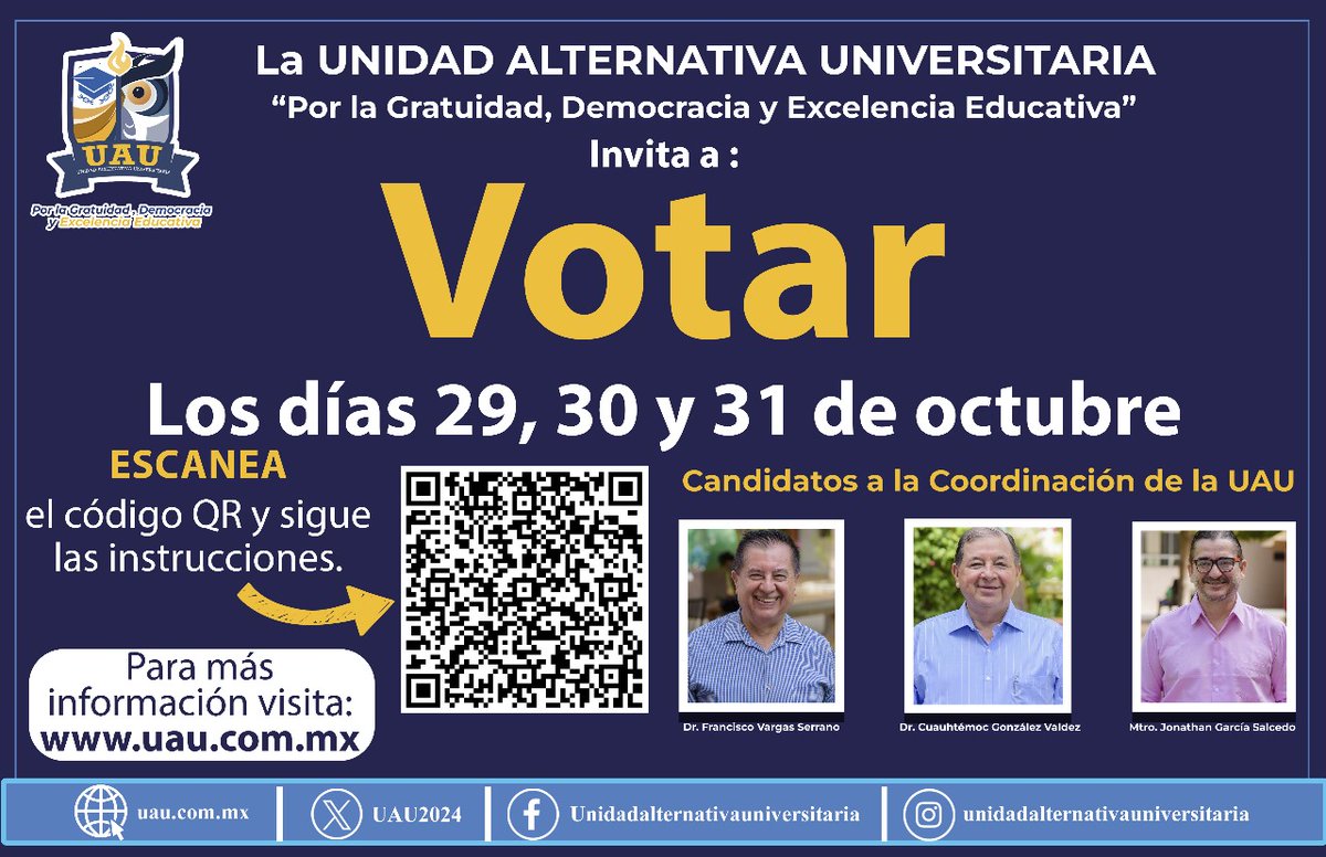 UAU2024's tweet photo. ¿Quieres ser parte de la construcción de nuestro proyecto alternativo de Universidad? ¡Ahora puedes!

¡Vota por el coordinador que te represente!

✅ Solo necesitas tu número de expediente o número de trabajador.
✅ Vota desde el enlace  https://t.co/TQrjQ5zfG1

 #vota #UAU https://t.co/8Vmkk8tg8p