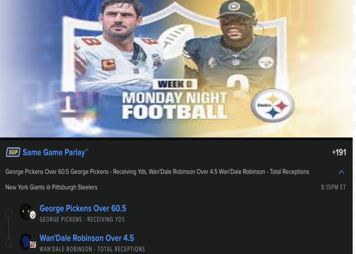 JDlockss's tweet photo. 🐳MNF Bet #2 🐳

Pickens/Robinson Rec 2 Man (+191)

-Pickens has an easy matchup vs a NY Giants team that has struggled on covering receiver on the outside. Wilson has shown a willingness to air out the ball. This play could cash in two plays. 

-Robinson has hit every game this year. Steelers will focus on Nabers, allowing for the slot to open up for Robinson. Anticipating NY to be down for amjority of the game, favorable game script for the Giants and Robinson

#nflbets