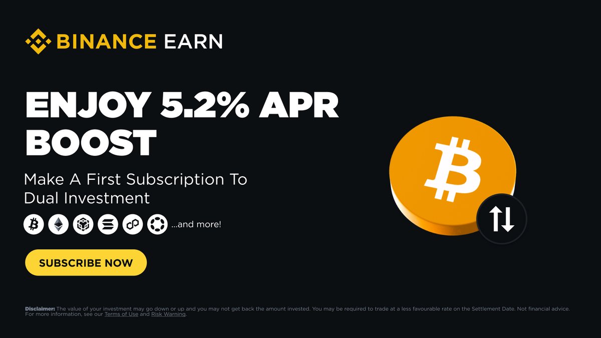 binance's tweet photo. New Dual Investment users, we’ve got something special for you!

Subscribe now and enjoy an APR boost of 5.2%.

Find out more ➡️ https://t.co/n9VgKP0iYa https://t.co/wEWm7V2dnn