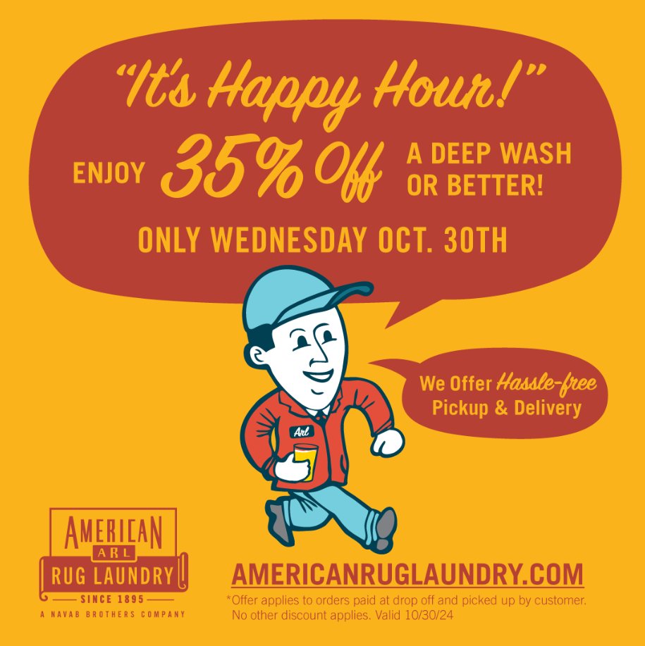 AmericanRug's tweet photo. At American Rug Laundry, we love providing our customers with amazing specials! This Wednesday only, save 35% on a deep wash or better when you choose us! Learn more: https://t.co/D7yl5zskR0 https://t.co/HnBCeVJSFA