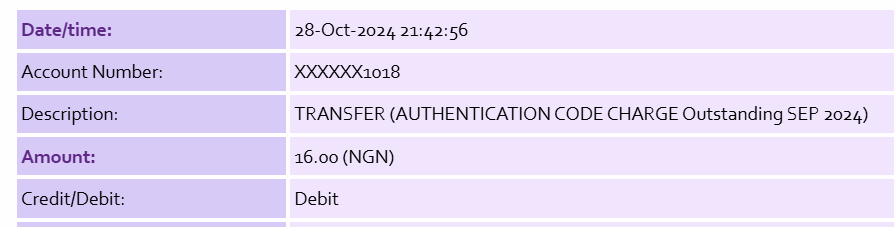 NsimAgnes's tweet photo. @MyFCMB @fcmb_help Please what does Transfer authentication code charge mean? https://t.co/X0fDmsA89D