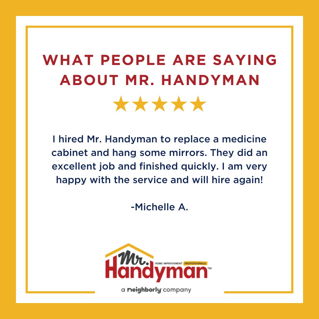 MrHandyman's tweet photo. We love hearing from our satisfied customers! π
Your feedback drives us to keep delivering top-notch service. Thank you for choosing Mr. Handyman!
#MrHandyman #Neighborly #5StarReview #CustomerTestimony https://t.co/Y9HDU9dUtn