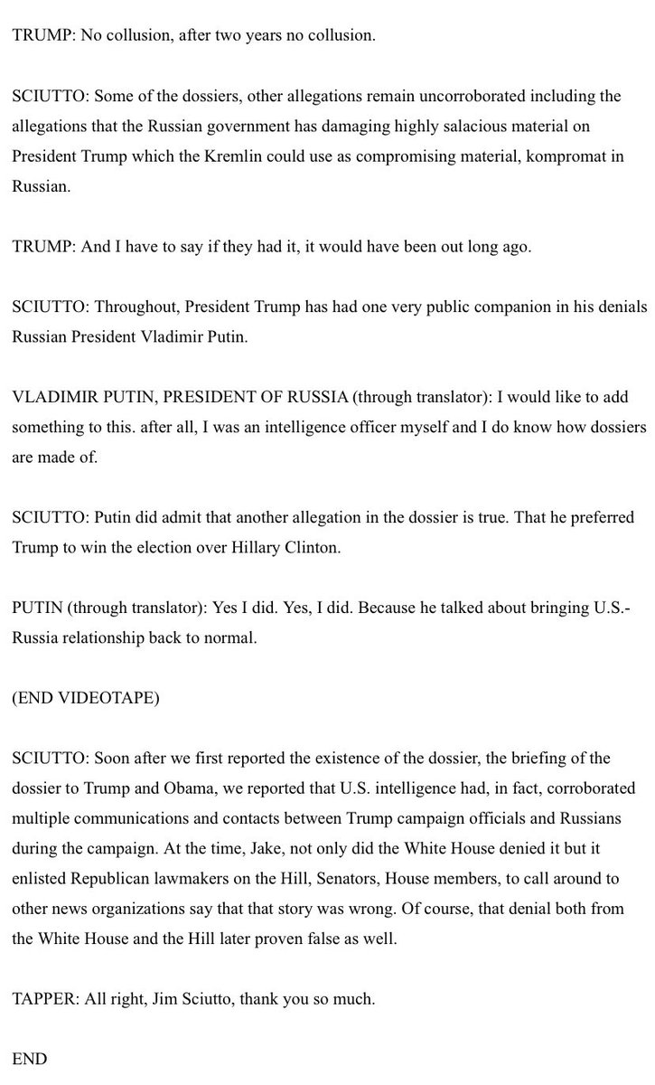 It’s just a fact that Tapper, Sciutto, &amp; CNN were still trying to lend credibility to the bullshit Steele Dossier into 2019 just ahead of Mueller Report. The dossier was deployed to shape an intel assessment &amp; underpin a collusion investigation — &amp; CNN helped keep the hoax alive.