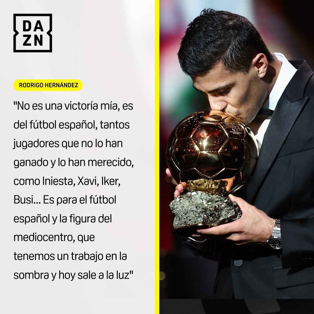 DAZN_ES's tweet photo. Por todos los que estuvieron antes, por los que marcaron el camino que siguió él ⚽❤️

El emotivo recuerdo de Rodri a las grandes leyendas de nuestro fútbol 👏🇪🇸

#BallonDor https://t.co/jLYlUYxIzb