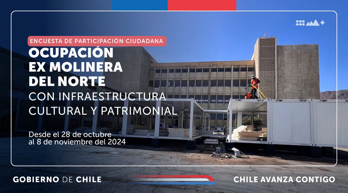 Culturas_Afta's tweet photo. Participa del proceso de consulta sobre la “Ocupación de la Ex Molinera del Norte con infraestructura cultural y patrimonial”, con el fin  de que la ciudadanía manifieste su opinión respecto del uso del citado recinto.

Para participar ingresa aquí ▶️:  
https://t.co/sNkV9HAZhi https://t.co/tD9w3yRzNf