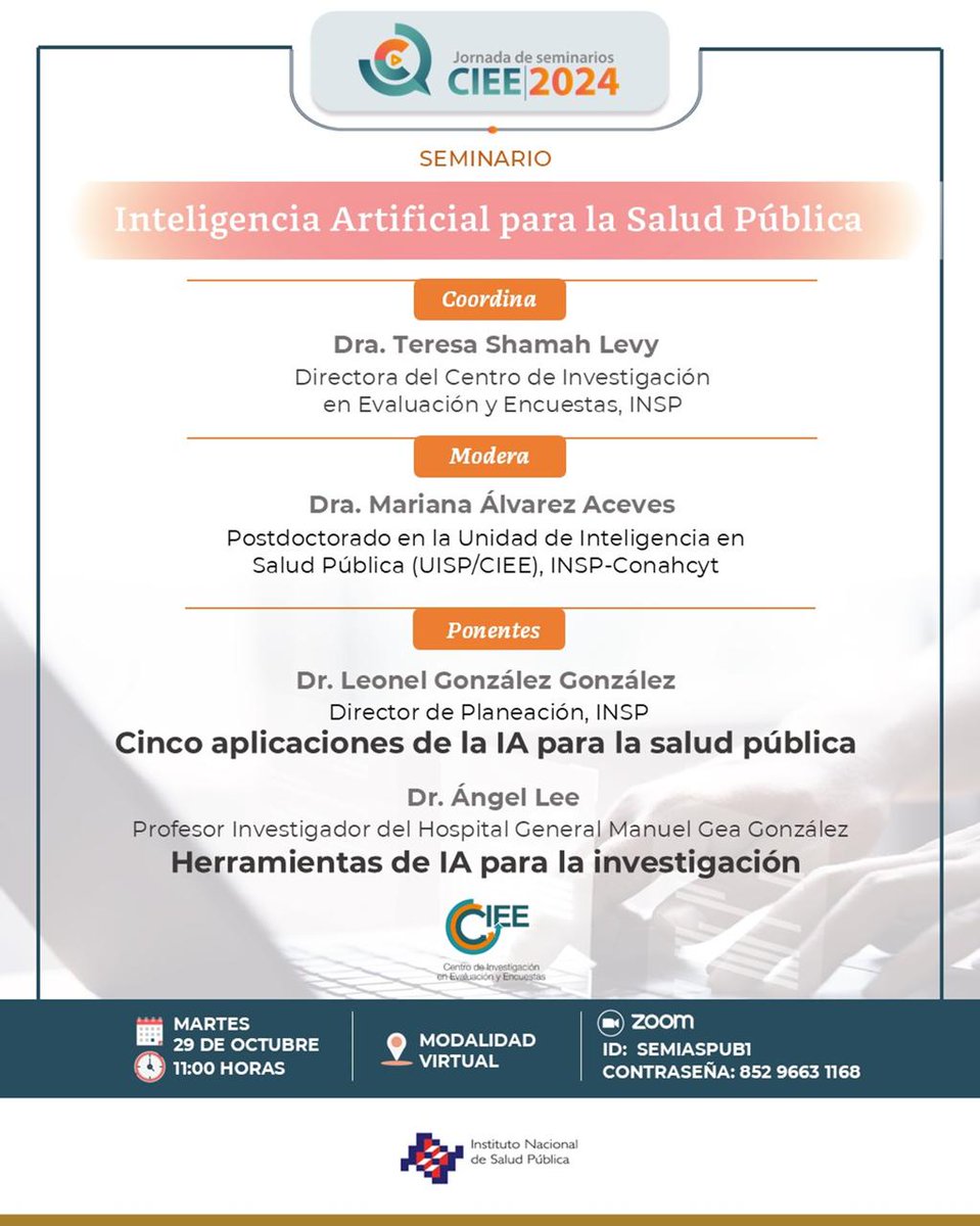 uispinsp's tweet photo. 🚨SEMINARIO VIRTUAL🚨 Descubre cómo la Inteligencia Artificial transforma la salud pública y abre nuevas oportunidades en investigación y planificación.

Fecha: 29 de octubre
Hora: 11:00 AM
Modalidad: Zoom (ID: SEMIASPUB1, Contraseña: 852 9663 1168)

#InteligenciaArtificial https://t.co/ESnpmtpnKt