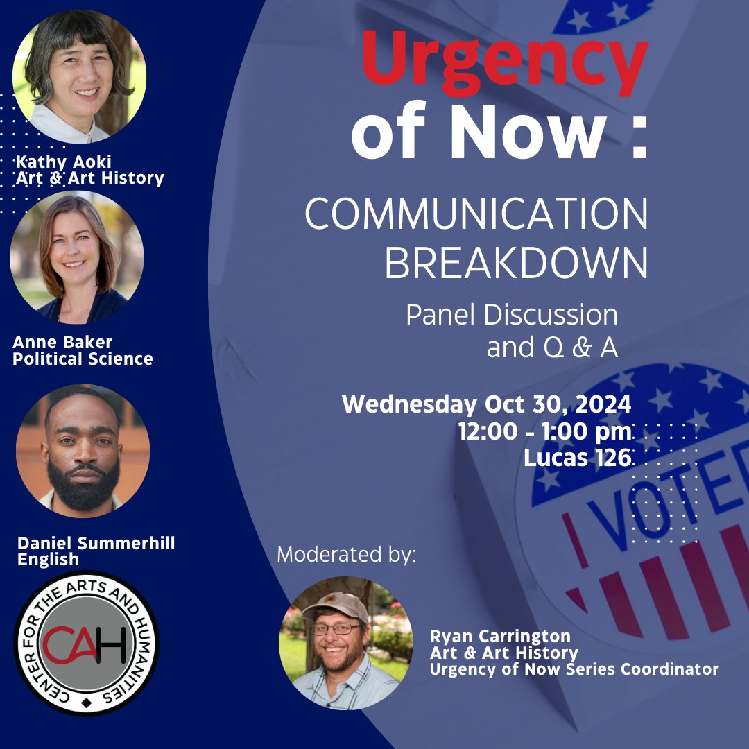 Our Urgency of Now Series begins this Wed. at noon in Lucas 126 with a panel discussion and Q &amp; A on "Communication Breakdown." Featuring faculty from three different departments. This event is a perfect way to spend your lunch hour! Register here:
bit.ly/uofnbreakdown