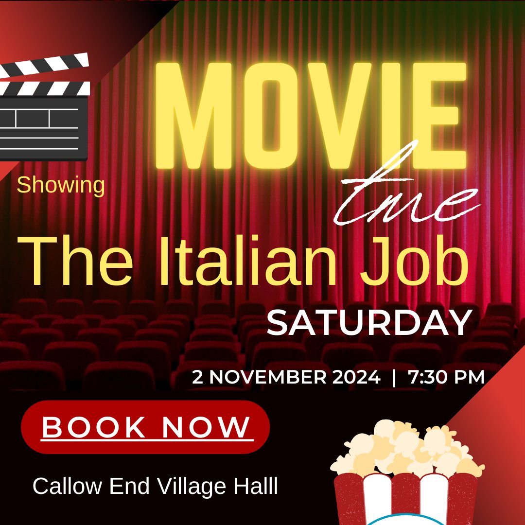 This Saturday, by popular demand, showing the classic The Italian Job starring Michael Caine.  Tickets £5 via films.cevh.uk or on the door.  Free tea and coffee.  Bennetts Ice Cream for sale.  Doors Open 7pm. Show starts 730pm. #callowend #villagehall #italianjobmovie