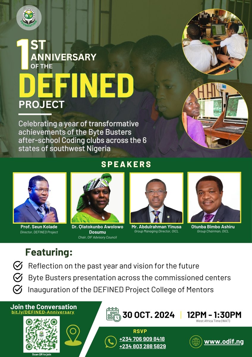 odifng's tweet photo. Join us as we celebrate 1 year of The DEFINED Project!  
We’re empowering young minds with essential digital and coding skills across Southwest Nigeria.
Here’s to more impact!

Join the celebration: https://t.co/aV0e05Lodn
Date: October 30th, 2024
Time: 12:00 noon - 1:30 p.m. https://t.co/7xO9kqnTq1