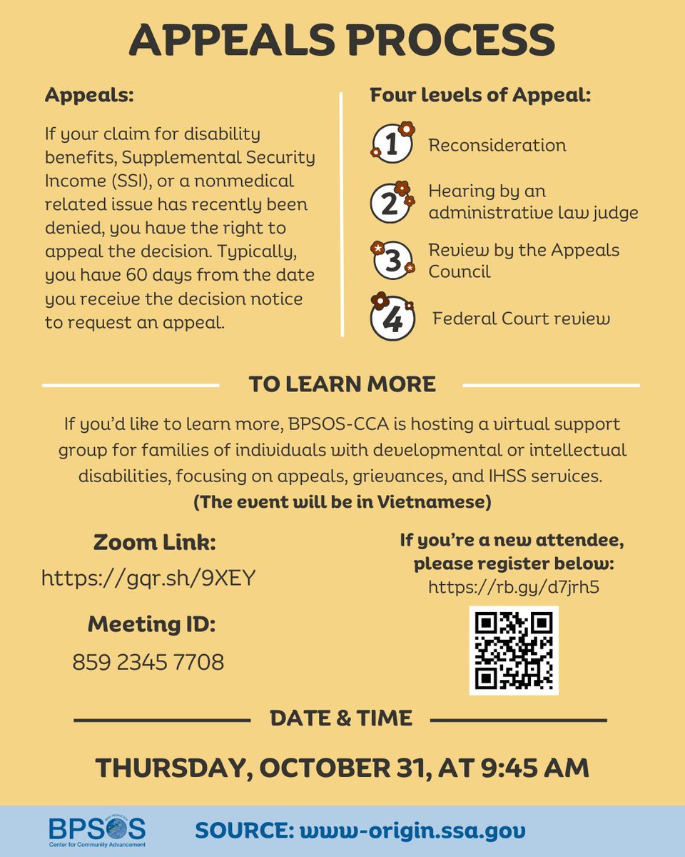 BPSOSCCA's tweet image. Let&apos;s learn more about the appeals, grievances, and IHSS services to deepen our understanding of the inherent rights of families with loved ones who have developmental or intellectual disabilities #grievances #appealsprocess.
