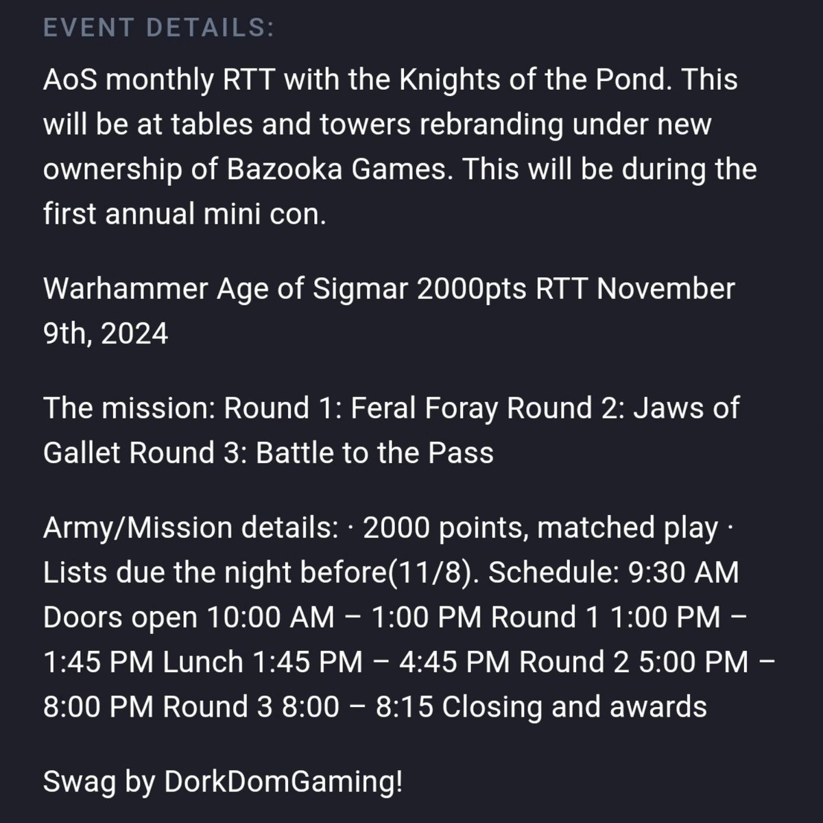 🦆 AOS RTT November 9th at 10am
bestcoastpairings.com/event/9R8A3BD5… 
The missions: 
Round 1: Feral Foray 
Round 2: Jaws of Gallet 
Round 3: Battle to the Pass

Swag by DorkDomGaming! 
#WarhammerAgeOfSigmar #warhammercommunity #AgeOfSigmar #Warmongers #warhammeraos #sigmar #KotP