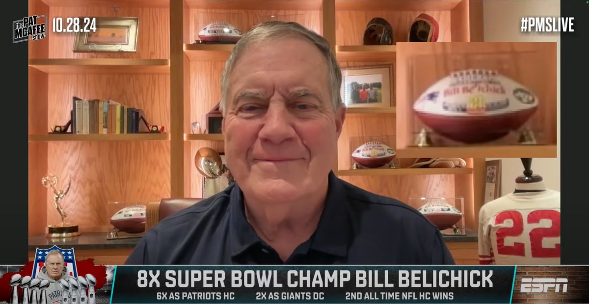 TonyOnSports's tweet photo. Bill on the @PatMcAfeeShow trolling with the @nyjets game balls presented nicely behind him... Chef's Kiss level troll. https://t.co/NXhufnzLiL