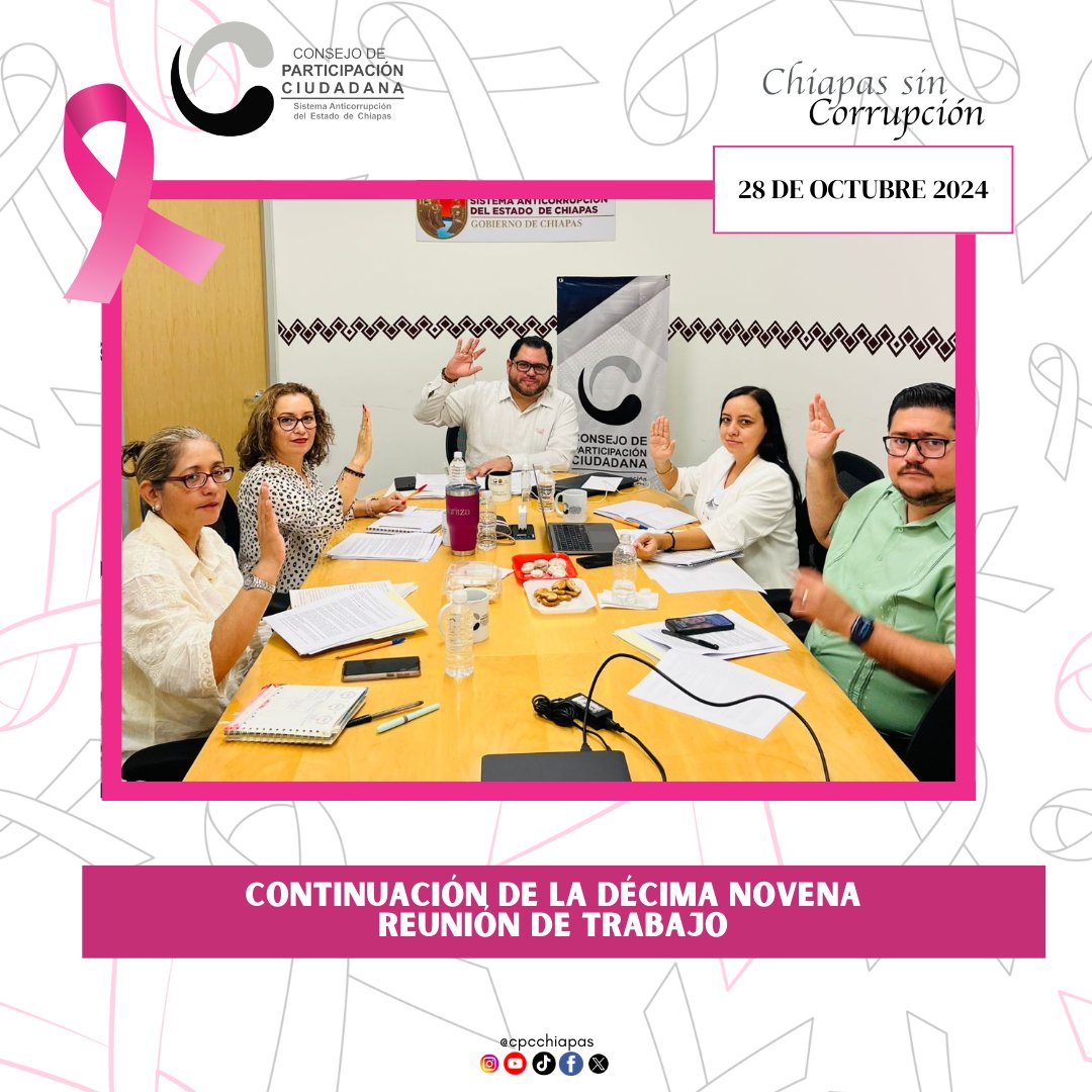 CpcChiapas's tweet photo. Se llevó a cabo la continuación de la 19ª Reunión de trabajo del @CpcChiapas, Preside el Dr @RRiosZenteno, acompañado de los Consejeros Maritza Pintado, Sara Maza, Karla Martínez y @Montesinos87875.

📌https://t.co/JYXTY2VFyM

#CPCSAECH
#ChiapasSinCorrupción
#SomosAnticorrupción https://t.co/FUS0pmHP8w