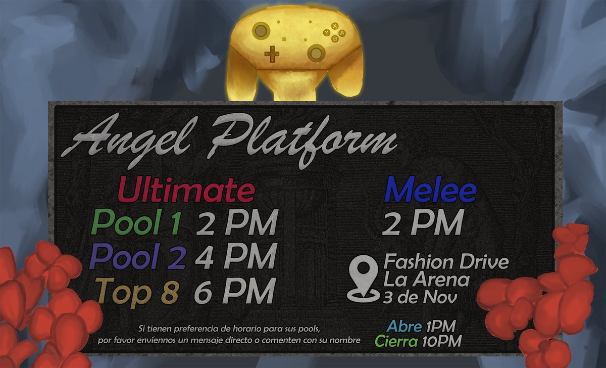 SMASH BROS

Les compraríamos el horario del Angel Platform 

Los vemos el 3 de noviembre en la Arena  
❌🧌

start.gg/tournament/ang…

Si tienen preferencia de horario de pools, envíen por privado o en este mero post un mensaje