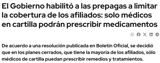 Siempre a favor de las #prepagas y en contra de la gente.

Liberaron cuotas = Aumentos siderales (+ 200%)
Más medicamentos de venta libre = Dejaron de tener descuento
Restricción de la prescripción de medicamentos = Subís de plan o te quedás sin cobertura