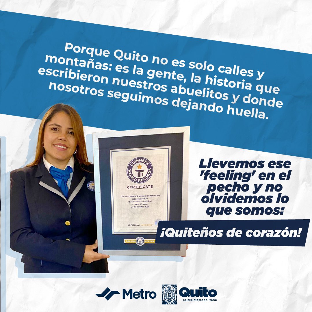 MetrodeQuito's tweet photo. 🚇 #ElMetroDeQuitoRenace | ✨ Quito hace historia y el Metro es parte de ello. El 25 de octubre del 2024, rompimos un Récord Guinness 🏅 con 6.775 personas dibujando la imagen de nuestra ciudad para el 🌍.
@EPMQuitoTurismo @gwr_es 
#QuitoRenace https://t.co/lOeAvmPKBt