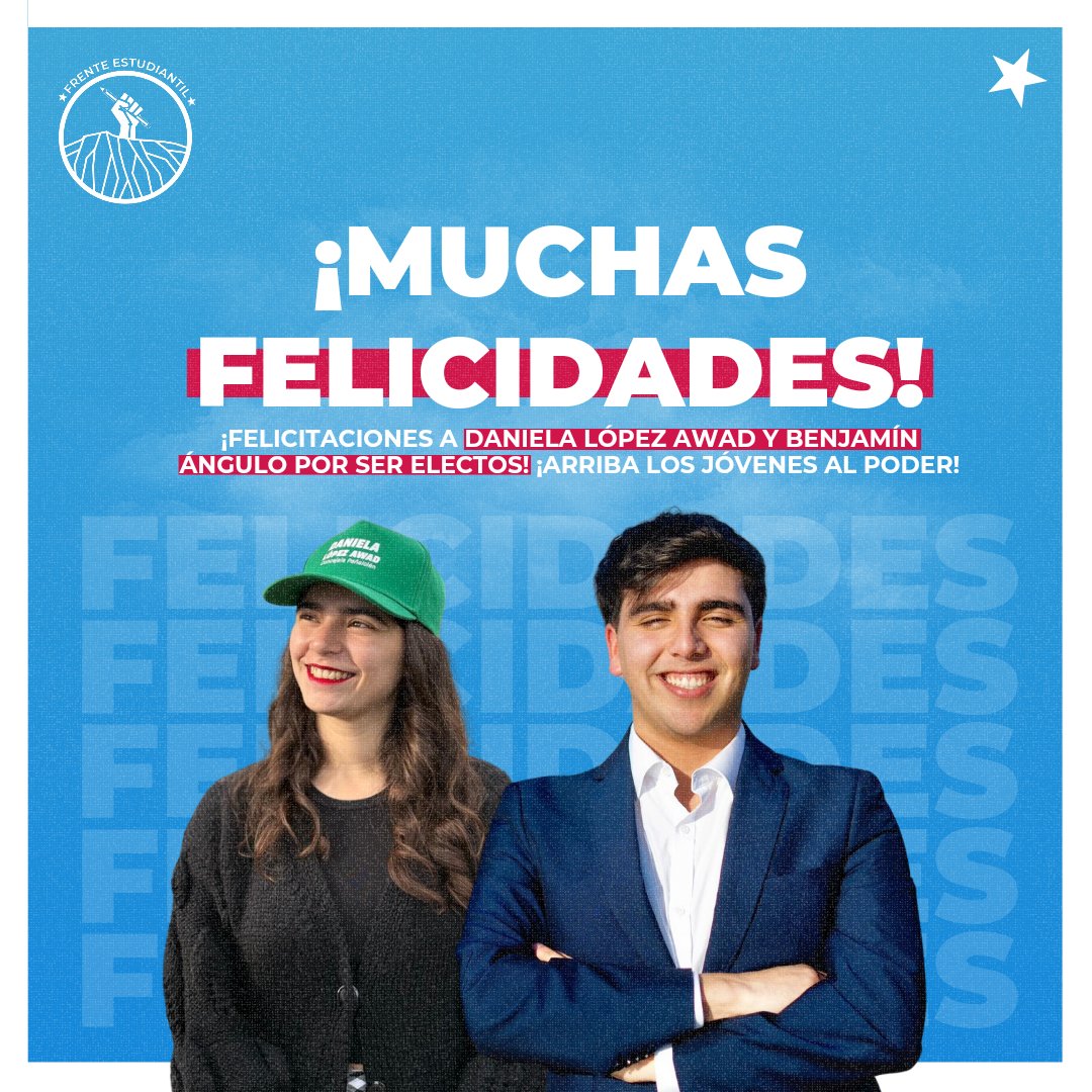 Hoy, con alegría, felicitamos a Daniela López Awad (Peñalolén) y a Benjamín Angulo (Puchuncaví) por haber sido electos como concejales. ¡Arriba los liderazgos jóvenes!