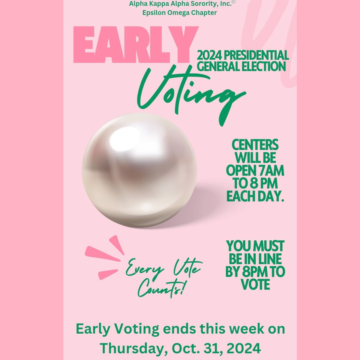 EpsilonOmegaAKA's tweet photo. This is a serious matter!  Early voting ends this Thursday. Early voting centers are open from 7 AM to 8 PM. There are multiple centers in Baltimore City. 

You MUST be in line by 8PM to vote.  

#VotingisaSeriousMatter
#SoartothePolls
#AKA1908
#EpsilonOmegaAKA https://t.co/soUyaqiTbl