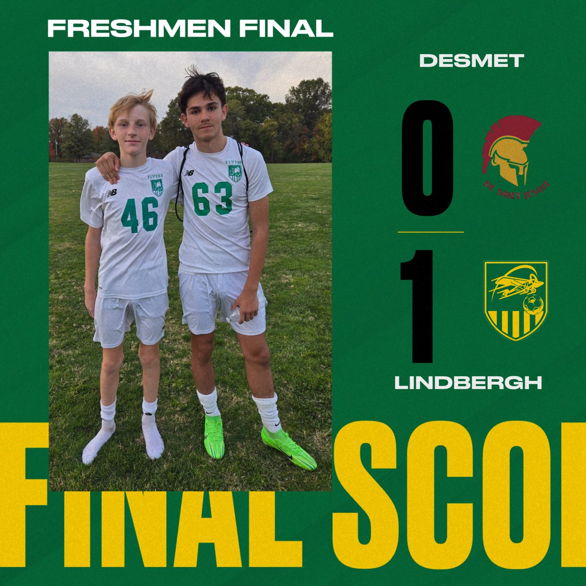 Freshmen pick up a semi final win over De Smet! Goal scored by Marko Ndoka assisted by Augie Boeger. Shutout for Sam Collora, Tyler Cotner, and the rest of the DEFENSE!
Freshmen will play in the championship game on Wednesday