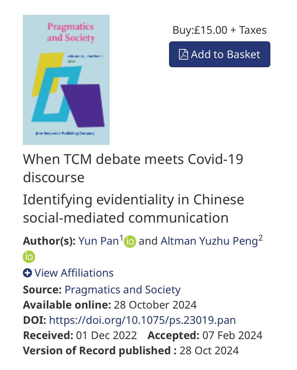#NewPubAlert excited to share a short piece led by Dr Yun Pan. In this article, we discuss the linguistic mechanism of evidential expression in social media debates on traditional Chinese medicine. First time co-authoring with PhD classmate. jbe-platform.com/content/journa…