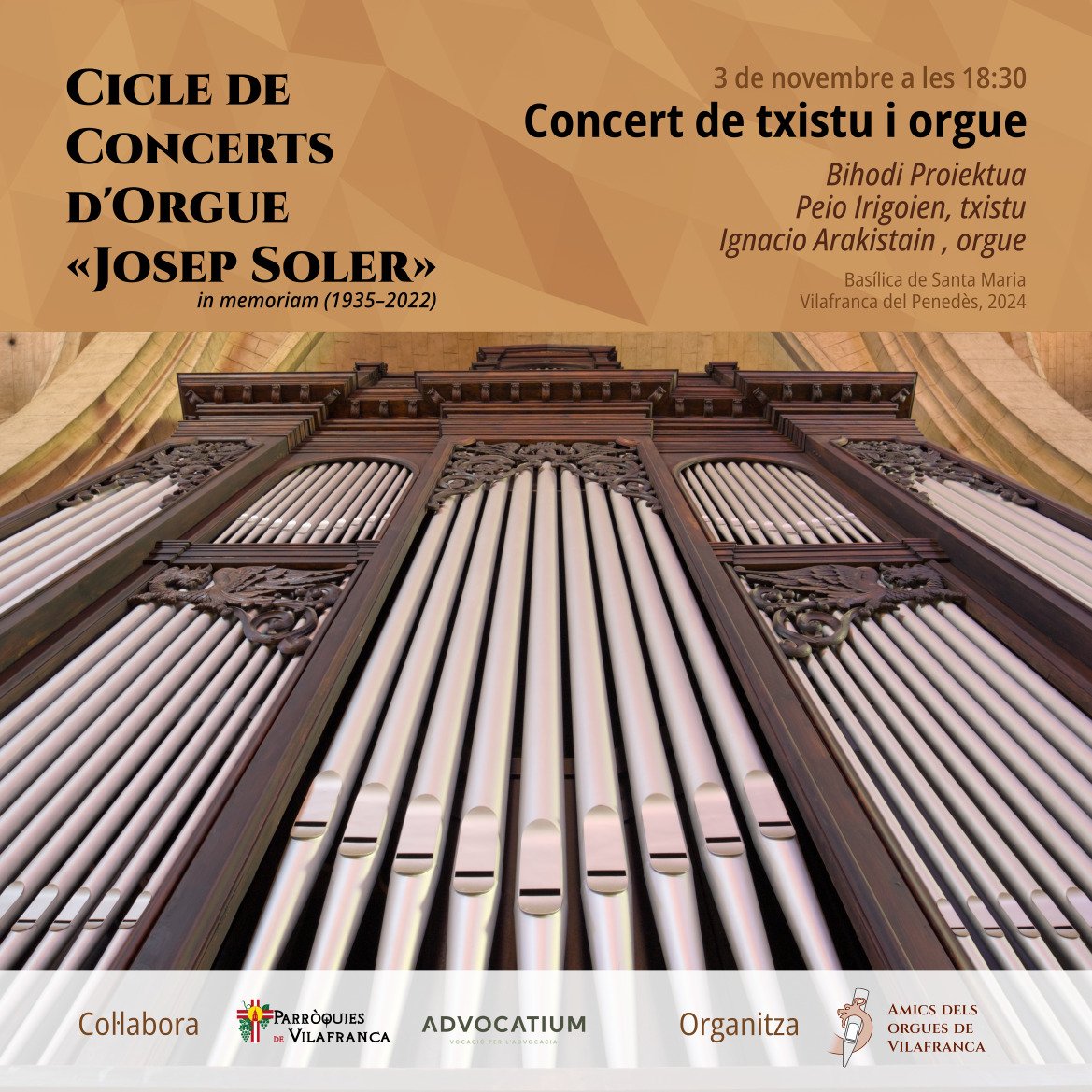El duo basc Bihodi inaugura el cicle de concerts d'orgue "Josep Soler" d'enguany.

Amb una instrumentació inèdita a Vilafranca, l’orgue s'unirà a un dels instruments tradicionals més emblemàtics de la cultura basca.

📅 Diumenge 3/11
🕡 18.30h
📍Basílica de Santa Maria