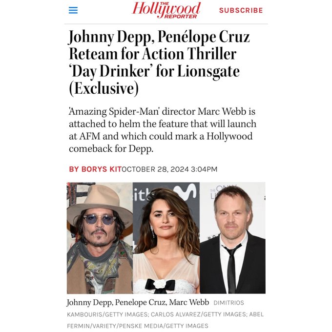 Official announcement from The Hollywood Reporter for Day Drinker featuring Johnny Depp and Penélope Cruz.