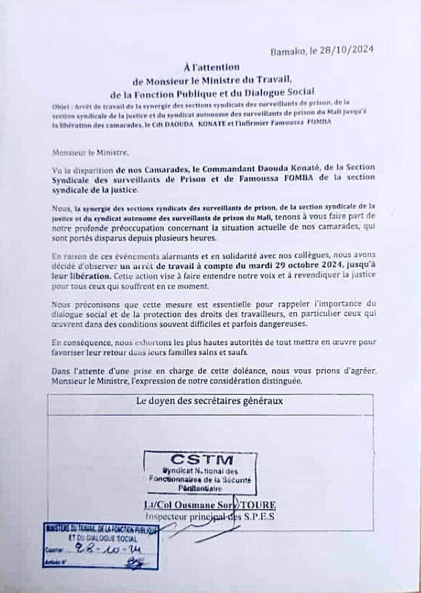 #Mali:Les agents de l'Education surveillée entament un arrêt de travail à partir de ce mardi 29 octobre, exigeant la libération de leurs collègues, le commandant Daouda Koné et Famoussa Fomba.

#jesuisleMali 
#fall2024