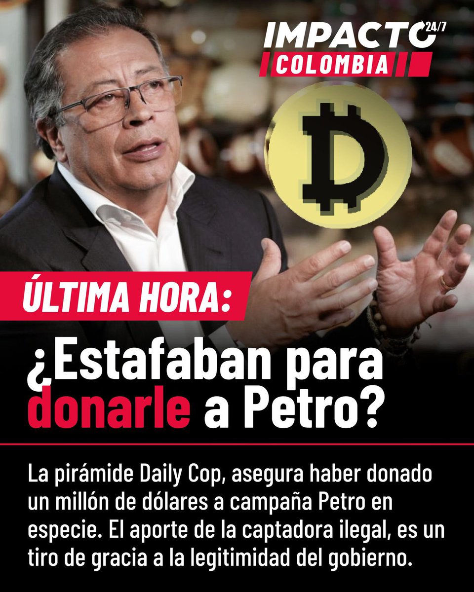 Impacto24_7's tweet photo. 🚨🇨🇴MÁS DELITOS | Directivos de la captadora ilegal Daily Cop confesaron a la Fiscalía que gran parte de los fondos millonarios recaudados por esta pirámide se usaron para apoyar en especie la campaña de Petro. 

Presentaron documentos y pruebas, buscando un principio de oportunidad. 

¡Nada ocurrió! La fiscal de bolsillo, en un claro acto de complicidad, mir hacia otro lado para no incomodar a su jefe.