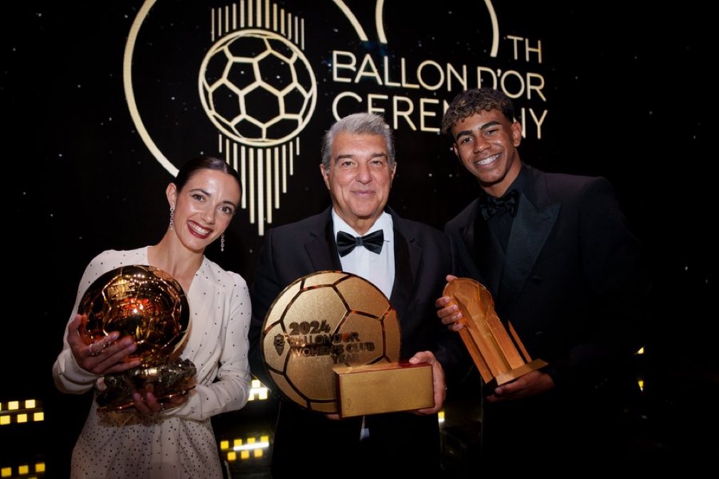President <a href="/JoanLaportaFCB/">Joan Laporta Estruch</a>, Aitana Bonmatí, and Lamine Yamal
#ballondor
