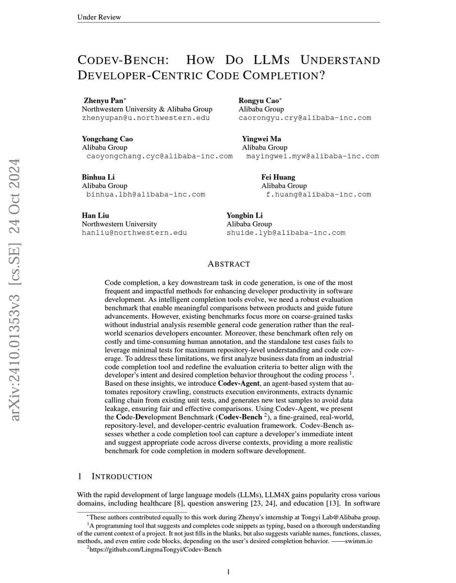 SeerePan's tweet photo. Excited to announce Codev-Bench! 🚀 Designed for developers, advances code completion tools by Codev-Agent—simulating real-world coding. It reduces manual annotation costs, supports complex completions, and sets a standard built on industrial product feedback! 
@northwesterncs https://t.co/T6LjFXfBeU