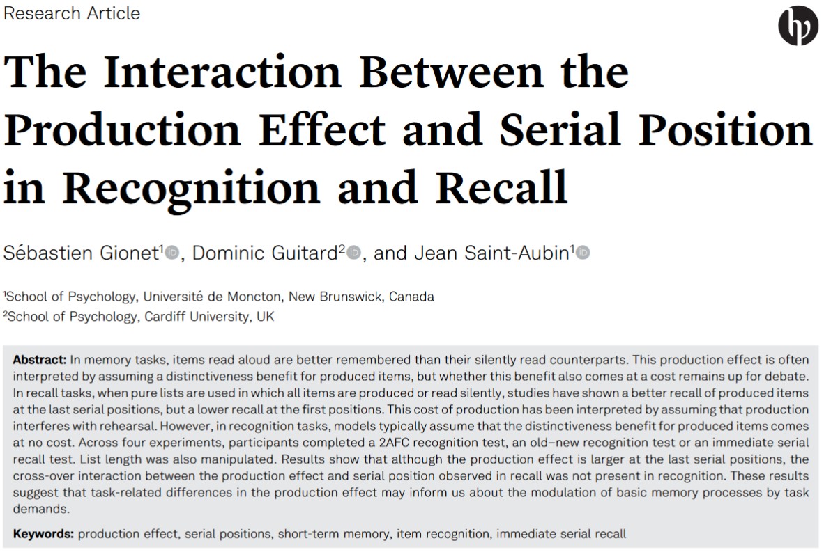 ExpPsychJournal's tweet photo. The Interaction Between the Production Effect and Serial Position in Recognition and Recall

Sébastien Gionet @GionetS17, Dominic Guitard &amp; Jean Saint-Aubin

https://t.co/817RcGVkyE https://t.co/6bs5alefTS