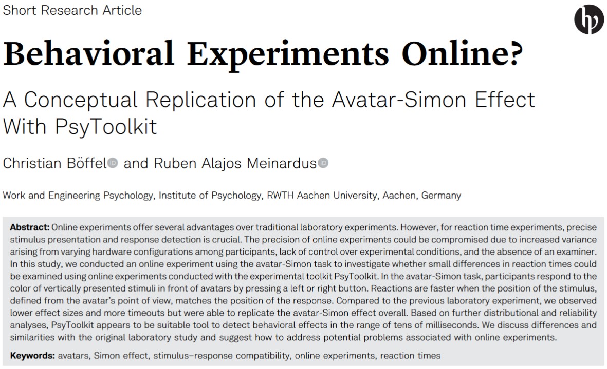 ExpPsychJournal's tweet photo. Behavioral Experiments Online? A Conceptual Replication of the Avatar-Simon Effect With PsyToolkit

Christian Böffel @CBoffel &amp; Ruben Alajos Meinardus

https://t.co/NkA5mKMf6L https://t.co/xNj8xqxaId