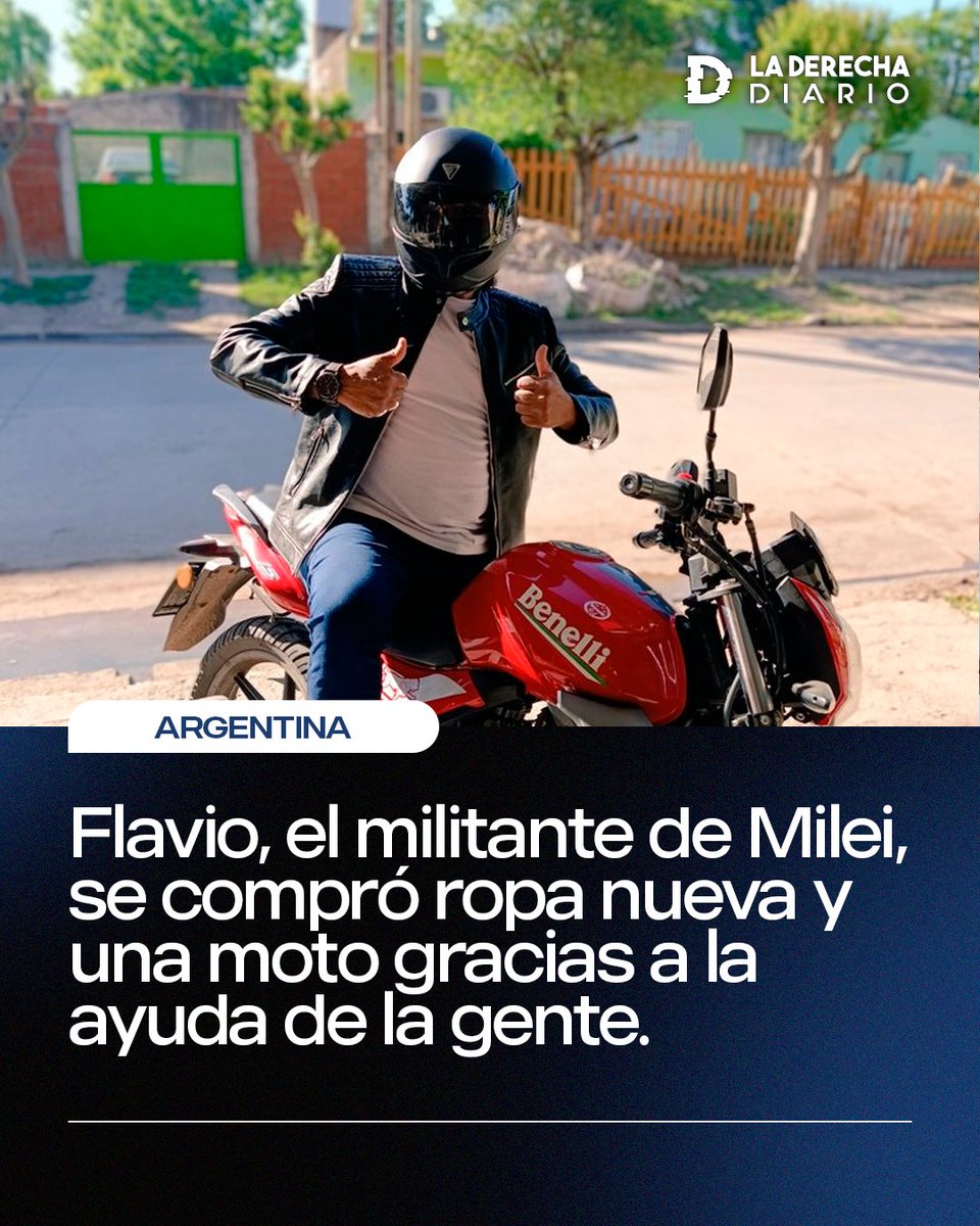 laderechadiario's tweet photo. 🇦🇷 | Las Fuerzas del Cielo: Flavio Arenales, el reconocido militante de @JMilei, se compró ropa nueva y una moto gracias a la ayuda de la gente y la iniciativa de @GordoDan_, luego de que el nefasto kirchnerista Diego Brancatelli le diga "que se cambie de camisa". https://t.co/ucujrdNL93