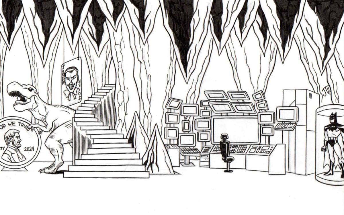 JamesTennantJr's tweet photo. JTjr's Inktober 2024, Day 28 - #Cave
#Inktober #Inktober2024 #JTjrInktober #JTjrInktober2024 #Day28 #Batcave #Batman #DetectiveComics #DCComics #Comics #Background #BackgroundArt #TRex #GiantPenny #JokerCard #Batsuit #Batcomputer #BatmanFanArt #Drawing #Art #Illustration https://t.co/12qN1vcOXc
