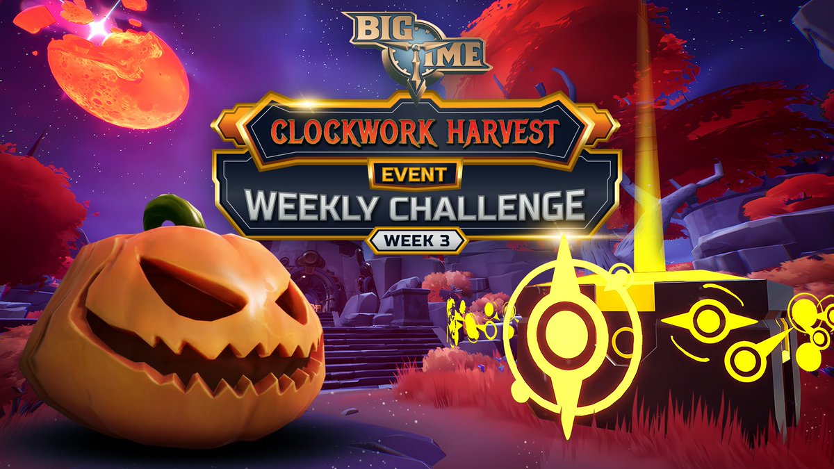 OpenLoot's tweet image. Gamers! @playbigtime  Clockwork Harvest Week 3 is here! 🎃 Open Epoch Chests, Craft Gravebreaker&apos;s Cragblade, and buy Pumpkins! ⭐

📅 Event ends on Nov 3rd, 18:00:00 UTC. Join the fun!

More details here: discord.com/channels/66634…