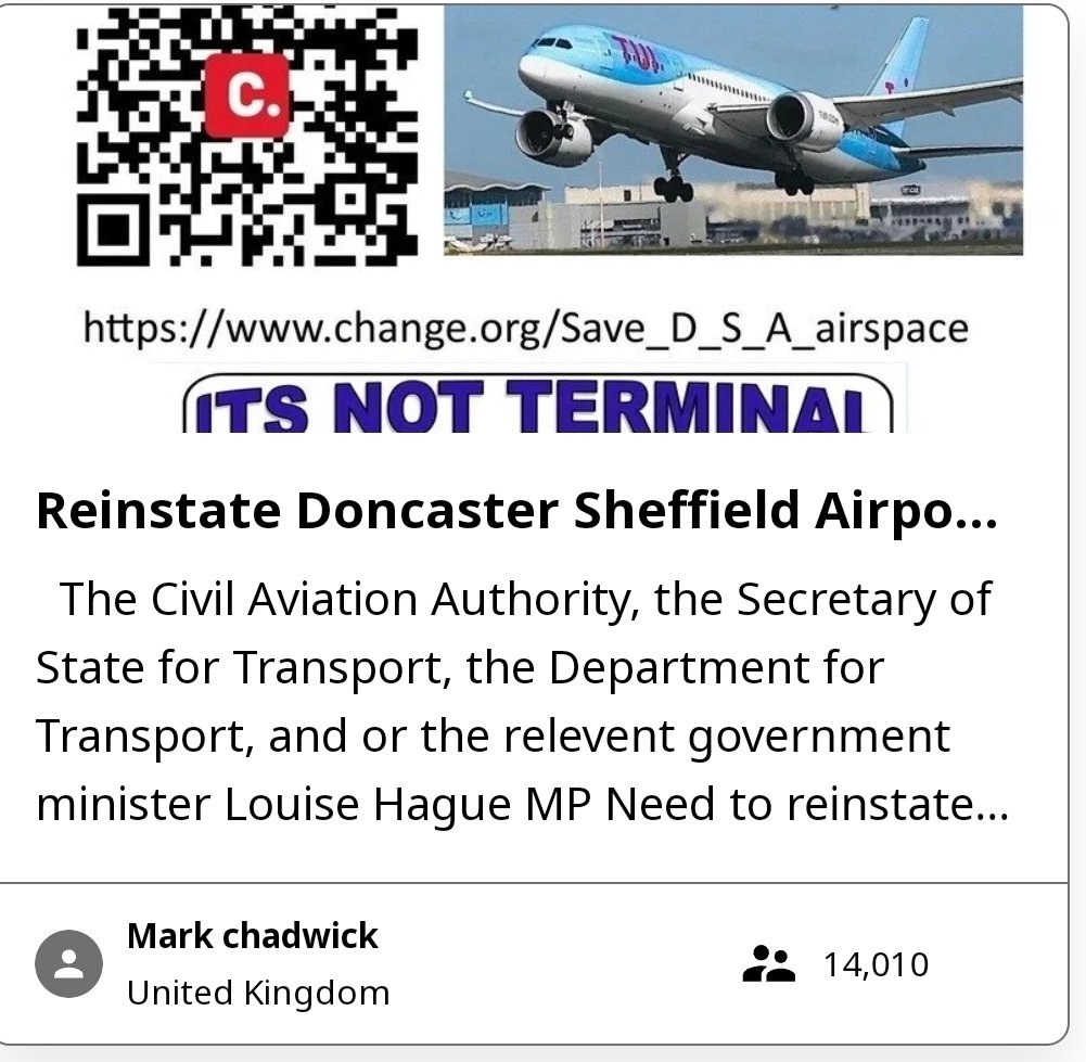 save_dsa's tweet photo. Over 14,000 signatures on the petition 

Another healthy increase that's great to see 

As mentioned before we realise that the petition alone will not get the airspace reinstated 

However working together with these people below will !!!

City of Doncaster Council 
Our regions MP's
The 3 Chamber of commerce 
Various local and regional business institutions 
Our local and regional business community 
South Yorkshire Mayoral Combined Authority 
Transport for the North 

All lobbying the Department for Transport and the Civil Aviation Authority to reinstate our airspace with no changes or restrictions to enable a timely reopening when needed

 please sign and share the petition here 

https://t.co/r4DI9B367S

#saveDSA #saveDSAairspace #syorksairportcity ✈️