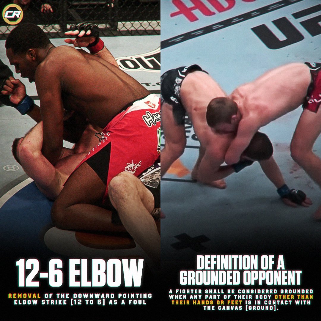 ChampRDS's tweet image. This weekend&apos;s #UFCEdmonton card will be the first UFC event to operate under the new set of rules:

1) Legalized 12-6 elbows
2) New definition of a grounded opponent

#UFC #MMA