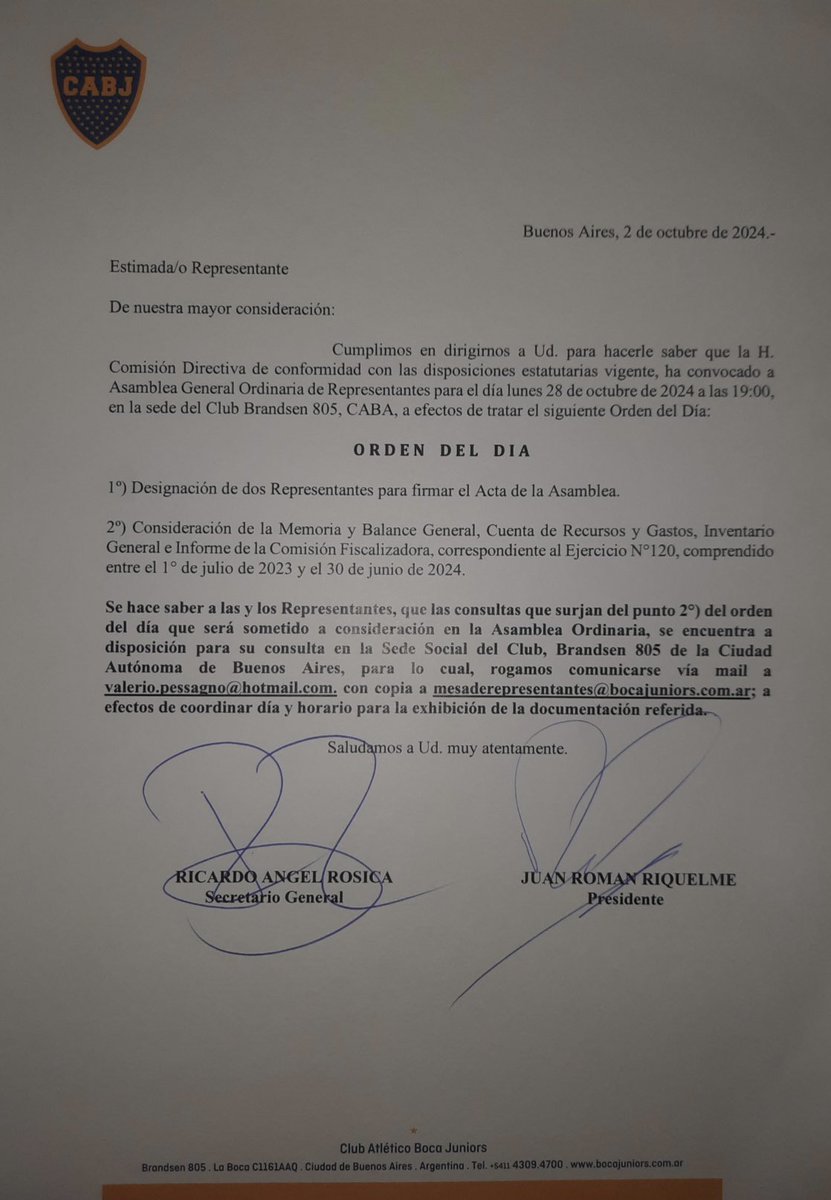 El orden del día de la Asamblea de Boca.