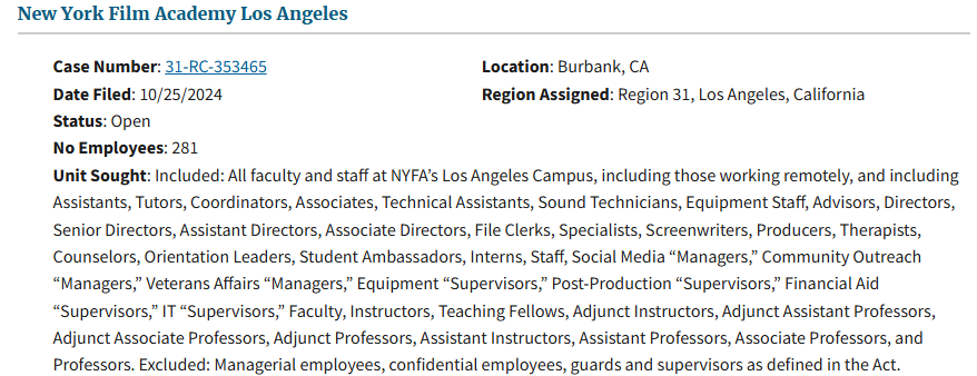 NEW: 281 faculty and staff at the New York Film Academy in LA are unionizing with <a href="/UAW/">UAW</a>.
