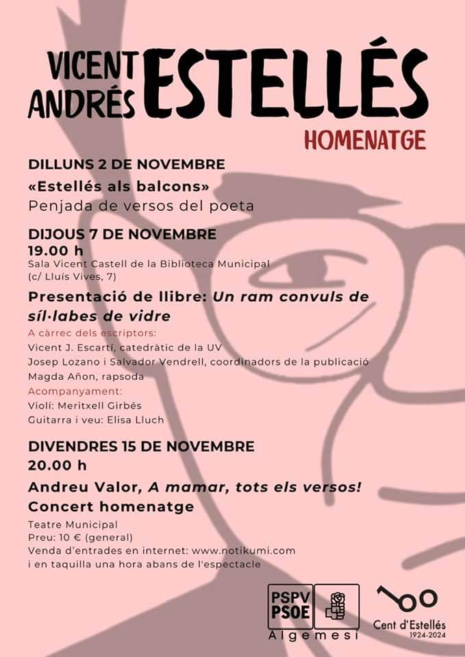 CompanyStas's tweet photo. #2nov24
#Estellés als balcons/Algemesí

11h "Guerra i postguerra" en els versos d'#Estellés" per @ainamonferrer a Castelló/Menador

2/4 d'11h trobada de rondalles, dinar
4hV #Bureo a Alcora/Reial Fàbrica 

 Benlloc
✓12h @HitParit a la pl S Antoni
✓6hV #Ramonets
✓ 8hN GdDanses https://t.co/ycOwvalzDw